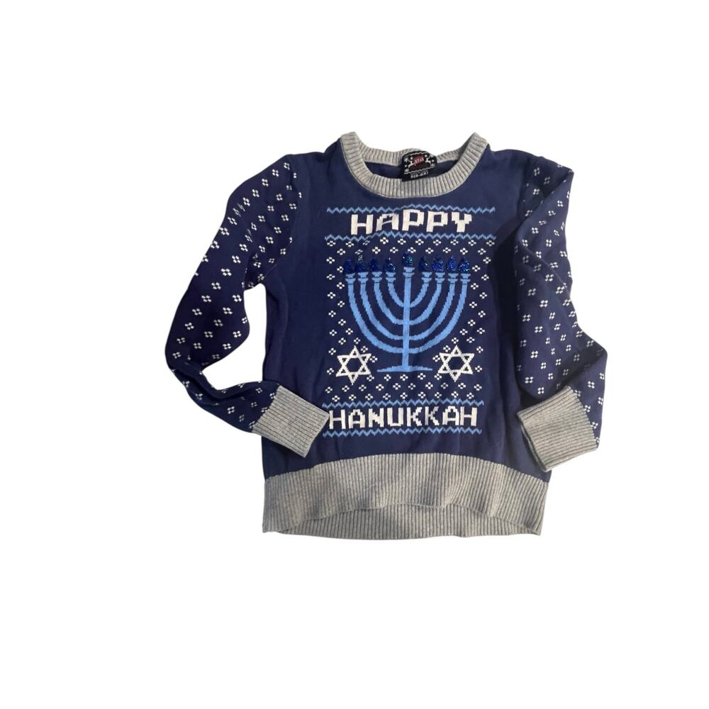 Happy Hanukkah Sweater Girls Small 6 6X Blue Menorah Ugly Holiday Winter